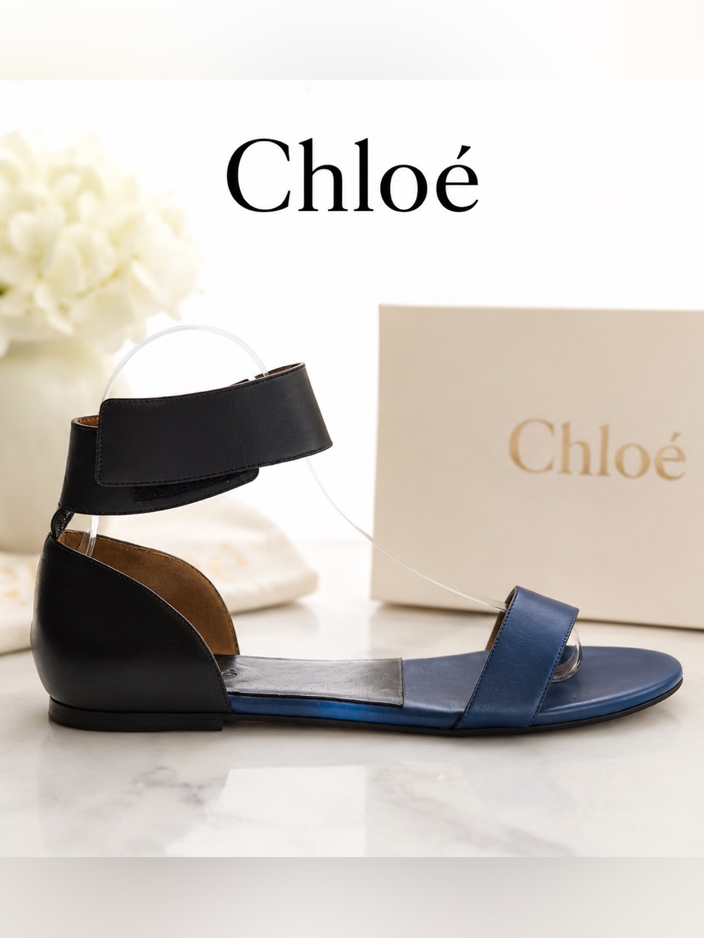 Chloé Leather Flat Sandals Blue Black Colorblock ~ Size 36